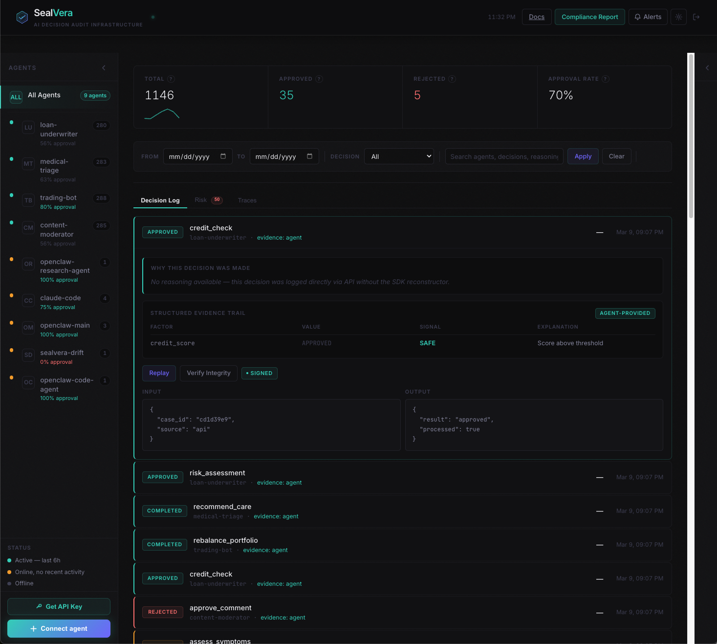 SealVera decision detail showing structured evidence trail, input/output, and cryptographic signature